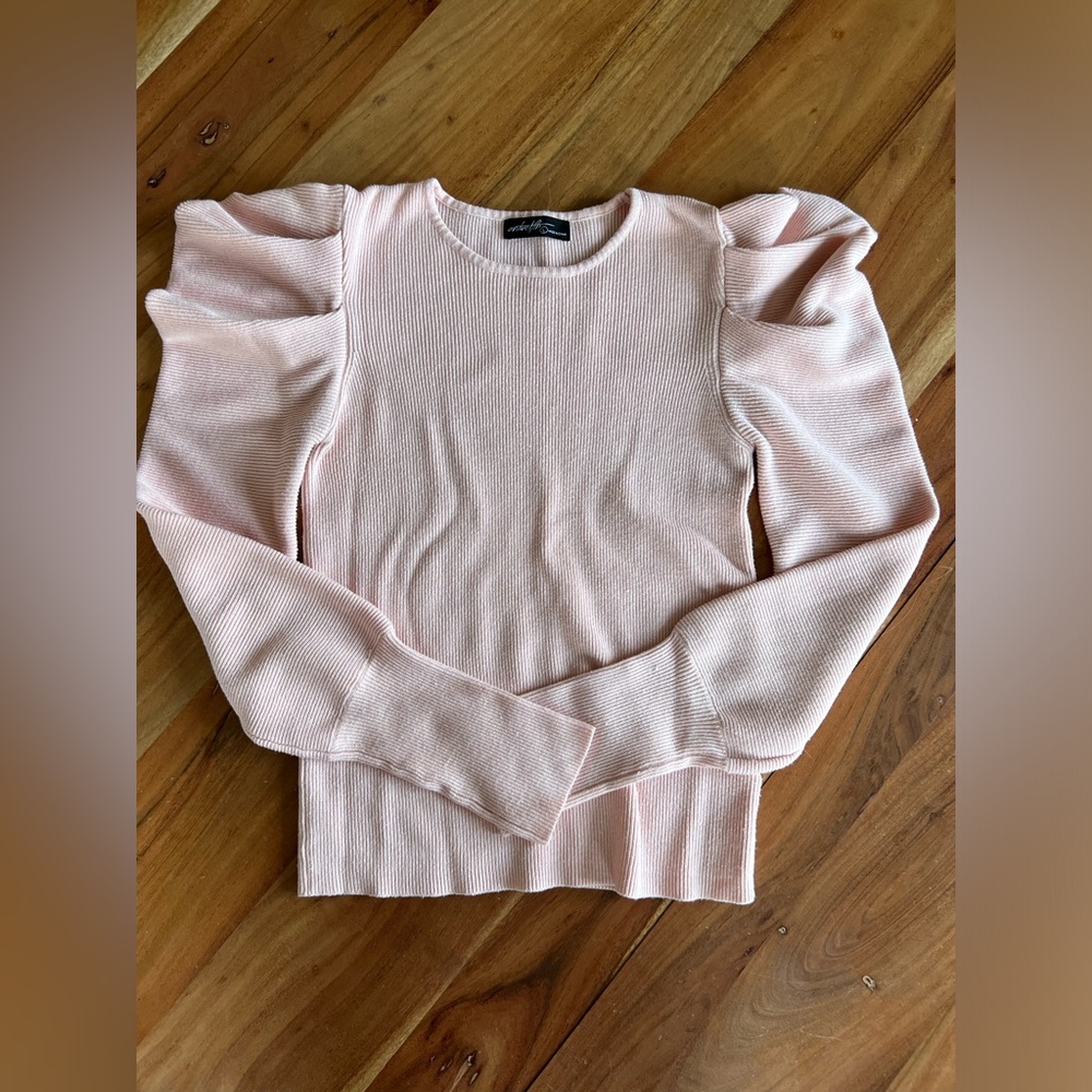Vici Light Pink Puff Sleeve Crew Neck Sweater
